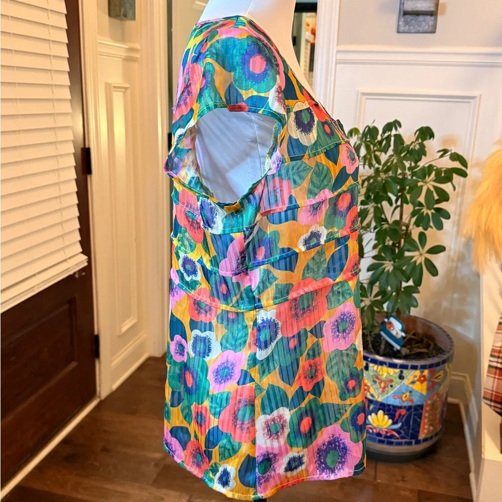 Modcloth NWOT Chiffon Multicolor Floral Button Front Semi Sheer Tiered Blouse - Picture 4 of 6